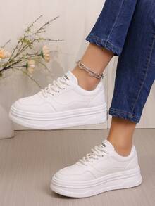 1 Pair Thick Sole Solid White Casual Sneakers, Suitable For All Seasons - Beige - View 8