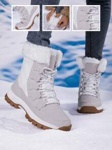 Fall/Winter Women's Outdoor Snow Boots, Women's Casual Mid-Calf Lightweight Anti-Slip Warm Snow Boots, Women's Thermal-Lined Thick Comfortable Short Boots,Fur Boots - White Gray - View 1