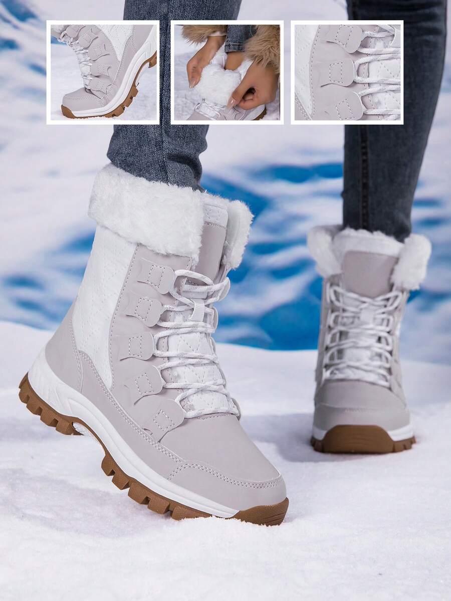Fall/Winter Women's Outdoor Snow Boots, Women's Casual Mid-Calf Lightweight Anti-Slip Warm Snow Boots, Women's Thermal-Lined Thick Comfortable Short Boots,Fur Boots - White Gray - View 1