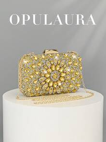 Bolso de mano de lujo para mujer OpulAura, con caja mini brillante con diamantes de imitación en color dorado, bolso de noche con brillo para ocasiones formales, bolso de fiesta/boda/gala de moda con cadena