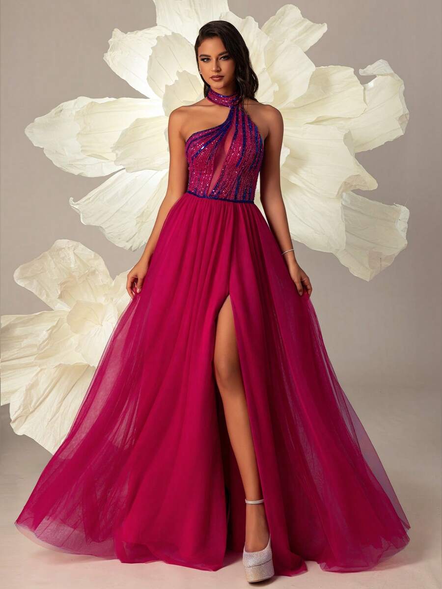 VIPGIRL Halter Neck Tulle Skirt Elegant Women's Evening Gown - Hot Pink - View 1