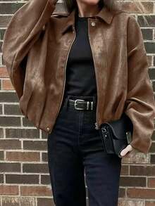 大码蝙蝠袖外套，拉链设计，银色纽扣，褶裥下摆，女士时尚柔软面料长袖街头风宽松轻薄外套，适合春秋季穿着 - 棕色 - 查看 3