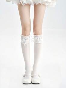 1双轻薄日式蝴蝶结蕾丝过膝袜，四季皆宜，Y2K风格，舒适保暖