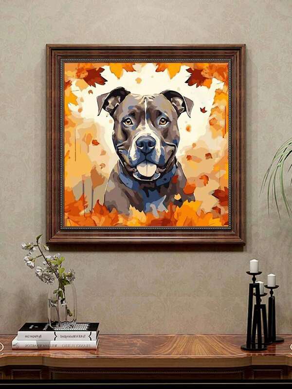 1pc DIY Paint By Numbers Kit, Dog With Autumn Leaves Canvas Art, Hand Painting Set For Home Wall Decor, Living Room, Animal Canvas Craft