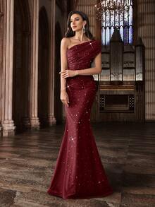 Elegant Women's Ombre Asymmetric Neckline Rhinestone Embellished Formal Dress - Burgundy - View 5