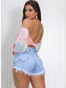 Women's Distressed Denim Shorts - Rửa nhẹ - Xem 2