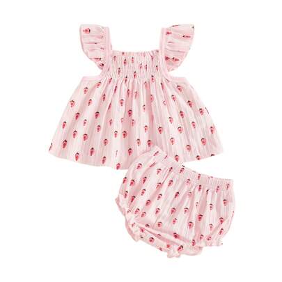 Toddler Girl Summer Shorts Outfit Sleeveless Square Collar Cherry Print Tops Ruffled Shorts Headband 3 Piece Set