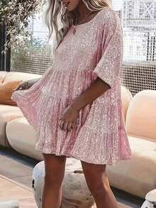 女士亮片装饰圆领七分袖宽松娃娃裙粉色夏季优雅 - 粉色 - 查看 2