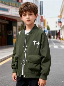 Tween Boy Loose Fit Asymmetrical Zipper Outdoor Military Green Jacket, Autumn - Army Green - View 1