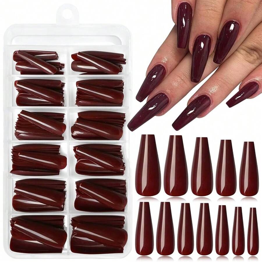 100pc Colored Coffin Press On Nails Long Ballerina False Fake Nail Tips Full Cover Manicure Design Acrylic Nails For Women Teen FFgirls (Red){Inchcolor_nameinch:InchRedinch} - 紅色 - 查看 1