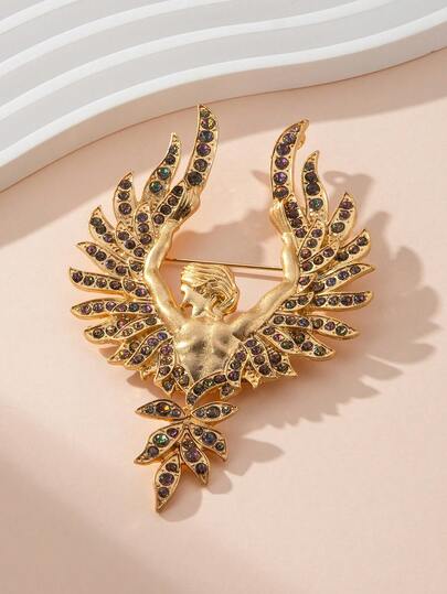 Gold-Tone Rhinestone Angel Wings Brooch, Exaggerated Vintage Palace Style Chest Flower, High-End Formal Dress Accessory - Suitable For Formal Occasions, Theatrical Performances, Vintage-Themed Events; Pair With Gowns, Coats Or Vintage-Style Outfits To Create A Luxurious, Retro European Look; Also Applicable For Art Exhibitions, Fashion Shows To Showcase Unique Artistic Taste.