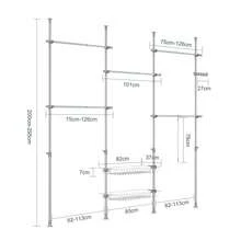 Teleskopisk klädställning med 5 klädställningar och 2 korgar Teleskopiskt garderobssystem Justerbart hyllsystem B (209-311) x H (200-285) cm Vit KLS04 - Grå - Visa 4