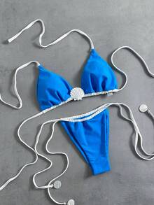 Bộ bikini buộc dây 3D hình vỏ sò và sao biển lấp lánh phong cách Y2K thanh lịch, gợi cảm dành cho nữ. - Màu xanh lam - Xem 4