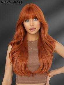 NICKY WALL Orange Wig Long Body Wave Wigs For Women Fluffy Natural Curly Wig With Bangs Fashion Synthetic Heat Resistant Fiber Wigs Girls Cosplay Party Daily Use 28 Inch