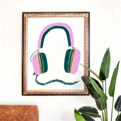 1 st Hörlurar Konsttryck | Musikermålning | Musikväggkonst | Rosa Grön Heminredning | Gicléeaposter | Galleriväggsset | Gouache Illustration Posters Canvastavla Väggkonst Rum Heminredning Oramad