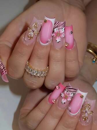 24片Y2K风格粉黑条纹美甲贴片，水钻珍珠装饰3D立体花朵假指甲，日常、约会、情人节美甲用品（含果冻胶和指甲锉）