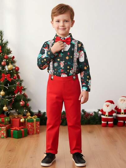 BOARNSEORL 2pcs Young Boys Gentleman Outfit, Santa Hat & Snowman Gift Print Long Sleeve Shirt With Bowknot And Red Suspender Pants, Fashionable & For Birthday Party, 1st Birthday, Wedding, Christmas Party
