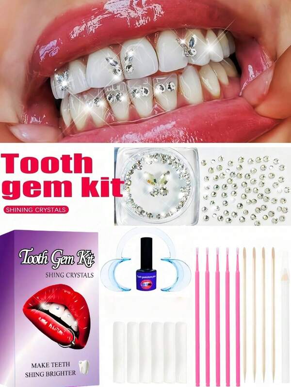 220 piezas Conjunto de joyería dental autoadhesiva, accesorios de moda para dientes con cristales de strass, decoración dental brillante blanca, diamantes planos de mariposa, conjunto de materiales de belleza dental, estilo europeo y americano hip-hop gótico Y2K, incluye todas las herramientas
