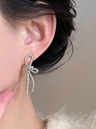 Fully Rhinestoned Long Bowknot Tassel Ribbon Earrings, Unique Design, Elegant Earrings