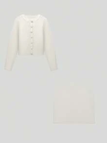 Bộ áo khoác cardigan dệt kim thời trang thanh lịch dành cho nữ, áo len dài tay màu trơn đa năng và chân váy midi hai mảnh, giản dị và đa dụng, phù hợp cho các dịp Giáng sinh, Lễ Tạ ơn và Năm mới. - trắng - Xem 7