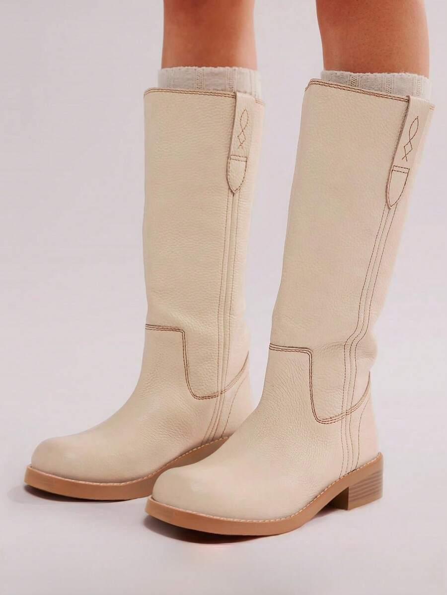 Women's Campus Knee High Boots Square Toe Riding Boots Vintage Pull On Riding Boots Wide Calf Boots Chunky Block Low Heel Motorcycle Boots - 米色 - 查看 1