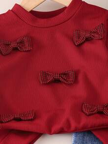 2 件套少女甜美简约 3D 蝴蝶结装饰长袖上衣和口袋牛仔裤套装，春秋 - 酒紅色 - 查看 3