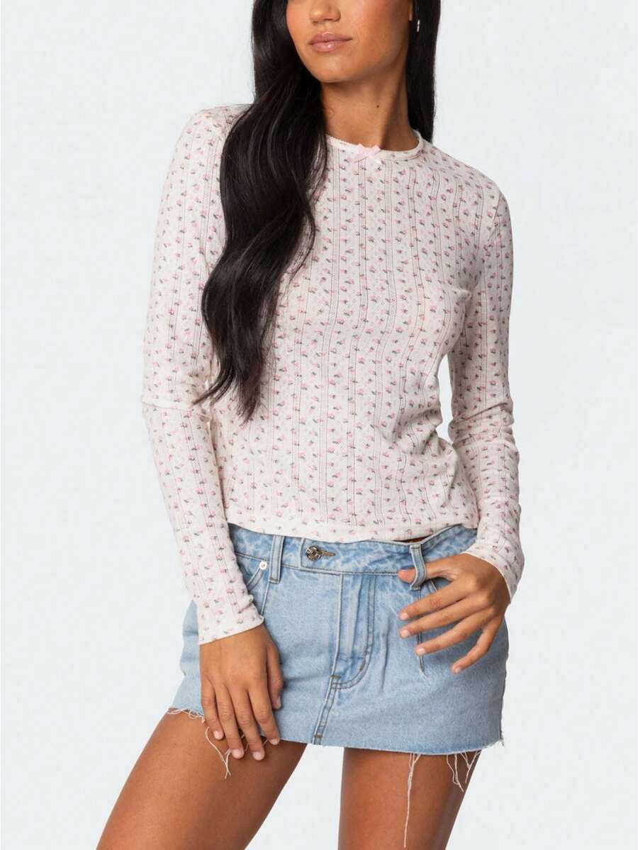Women's Y2k Cute Floral T-Shirt Long Sleeve Floral Pattern Round Neck Tops Graphic Crewneck Slim Fit Crop Tops Casual Going Out Blouses Shirts - 白色 - 查看 1