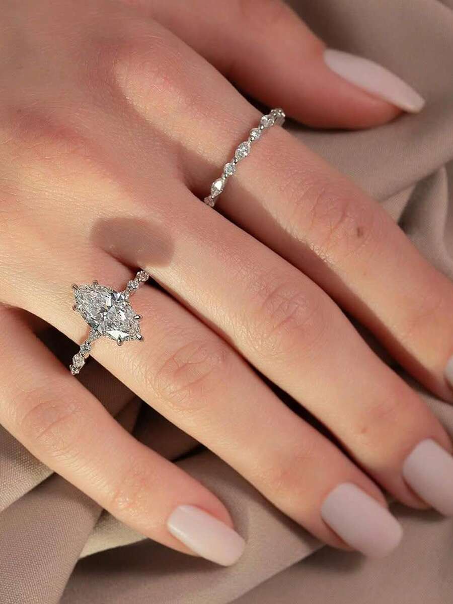 2pcs/Set Diamond Rings, 925 Sterling Silver Twisted Sun & Moon Rings, Exquisite Jewelry Suitable For Wedding, Ball, Party - Fashion Horse Eye. - View 1