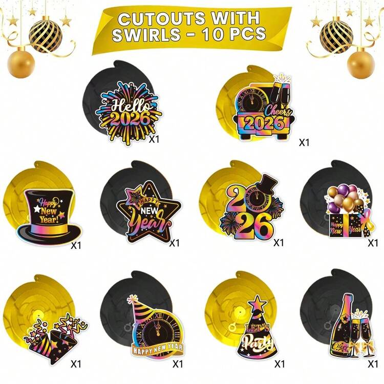 10件套2026新年派对漩涡装饰，全息镂空悬挂饰品，完美适用于新年派对、家居天花板装饰、节日庆典。10件套新年派对漩涡镂空装饰，2026主题悬挂饰品，带有“Hello 2026”字样和派对元素，是新年派对和家居装饰的理想之选。 - 彩色 - 查看 9