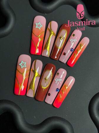 10件套手工美甲套装，Y2K方形棺材形按压式美甲贴片，长款美甲，红色美甲搭配金色假指甲，橙色渐变美甲，法式美甲贴纸，手绘线条，爱心图案，白色水钻装饰，合金装饰，手工雕刻彩色水钻，魔镜粉设计，甜美可爱风格，适合女士和女孩在派对、旅行等场合佩戴，是送给女性的最佳礼物。亚克力按压式美甲产品。