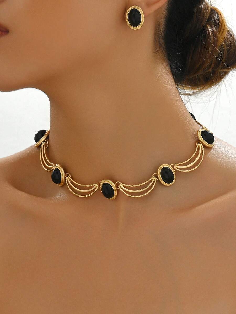 2pcs/Set Retro Black Oval Elegant Statement Necklace And Earrings Set For Women - Multicolor - View 1