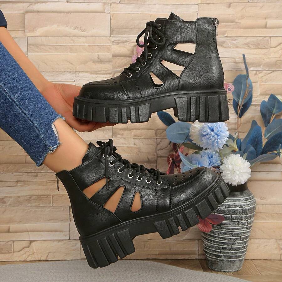 2025 New Spring/Summer/Autumn Hollow Breathable Platform Wedge Roman Sandals, Fashion All-Season Shoes With Front Lace-Up And Rear Zipper For Easy On/Off, Adjustable For Different Body Types, Multi-Functional High Wedge Heel, Suitable For Women's Daily Wear (Christmas, Holiday, Discount Day Essential) - Black - View 1