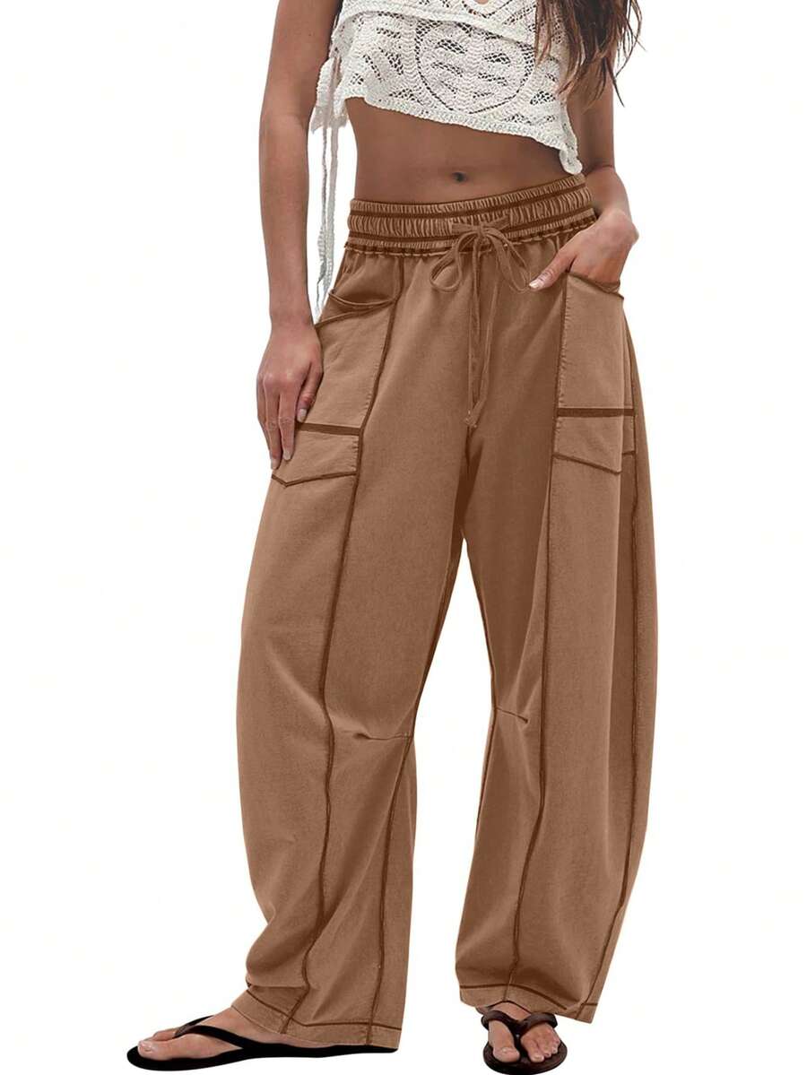 Women's Casual Cylinder Pants Wide Leg Casual Drawstring Sweatpants With Pockets - Màu kaki sẫm - Xem 1