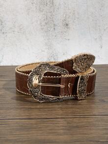 1pc Western Style Embossed Gold-Edged Decorative Belt, Made Of High-Quality PU Material, Suitable For Daily Wear, Boho Style, Halloween, Summer, Autumn, Winter, Outings, Sports, Galas, Parties, Jeans, Back To School, Graduation, Gifts, Commuting