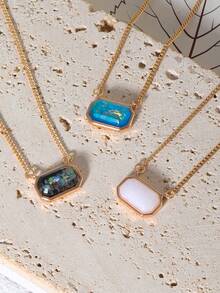 1pc Fashionable Candy-Colored Natural Stone Rectangle-Shaped Simple Short Necklace, Daily Wear - Gold - View 4