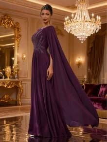 DELLA COUTURE Luxury Purple Bohemian A-Line Round Neck Long Evening Gown Fashion Prom Dress With Beaded Short Sleeves Designed For High-End Proms, Banquets, Parties, And Other Formal Occasions - Purple - View 8