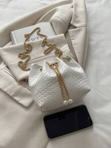 Mini New Fashion Straw Woven Gold Chain Drawstring Bucket Bag Beach Bag - White - View 6