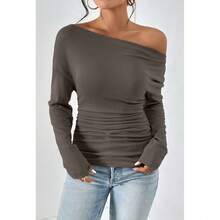 Women's Plain Minimalist Basic Ruched Asymmetrical Neck Drop Shoulder Tee, Elegance Mufti Clothes, Fall Long Sleeve T-Shirt For Everyday, Back To School T Shirts, Lady Clothes For Streetwear, Womenswear, Casual Wear - 棕色 - 查看 2