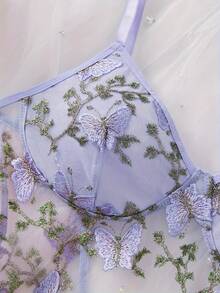 Women Sexy Lingerie Embroidery Butterfly Babydoll Sheer Mesh Nightgown Chemise Boudoir Nighty Sleepwear With Thong - Màu tím - Xem 4