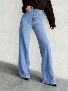 女士简约日常休闲百搭直筒牛仔裤 - 藍色 - 查看 4