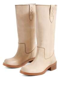 Women's Campus Knee High Boots Square Toe Riding Boots Vintage Pull On Riding Boots Wide Calf Boots Chunky Block Low Heel Motorcycle Boots - 米色 - 查看 6
