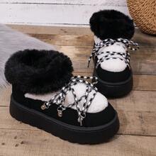New Winter Snow Boots, Fashionable And Versatile, Featuring Faux Fur Lining And Lace-Up Design, Suitable For Outdoor Warmth And Commuting In Winter. Anti-Slip Thick Sole, Warm And Stylish. - Black - View 2