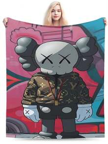 Kawss Kawaii Kaw Blanket Premium Anime Throw Blanket - Ultra Soft Flannel, Cartoon Print, Ideal Gift For Fans For Christmas & Birthday, For Sofa, Bed, Camping & Travel - Black - View 2