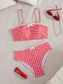 Summer Plaid Sexy Bohemian Spaghetti Strap Floral Trim Bikini Swimsuit Beach Vacation 2 Pieces Set - Red and White - View 4