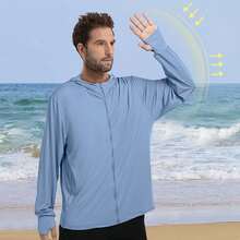CAMEL CROWN 男士 UPF 50+ 长袖全拉链防晒衣 男士防晒连帽衫 SPF 防紫外线轻薄外套 防晒衣 防晒衣 - 水光藍 - 查看 6