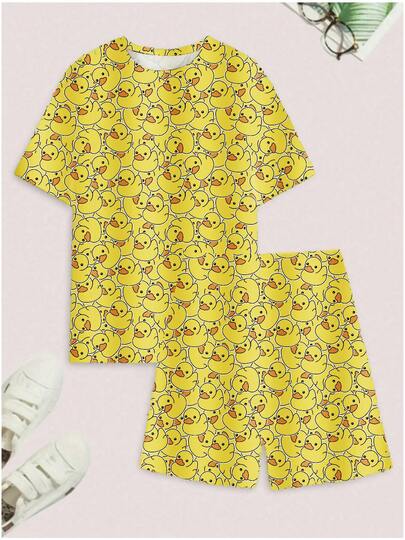 2pcs/Set Men's Crew Neck Duck Print Short Sleeve T-Shirt And Shorts Casual Suit