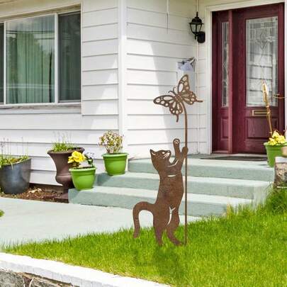 1pc Rusty Metal Cat Garden Decoration, Whimsical Outdoor Decoration For Cat Lovers, Animal Design Suitable For Multiple Holidays Or Modern Garden, Yard, Lawn, Flower Pot, Plant Stand, Great Gift For Cat Lovers