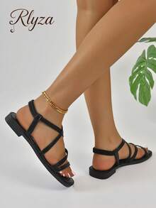 2 向穿透明休闲时尚百搭皮革外观平底凉鞋，带后带，适合女士，夏季