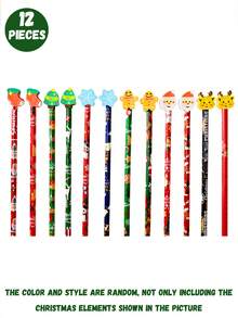12pcs Christmas Big Leather Pencil, Cartoon Kindergarten Elementary School Students Can Eraser Christmas Prize Gift