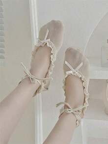 1pair White Ballet Shoes Socks For Women With Lace Tie Short Socks,Japanese Style, Fall - White - View 7